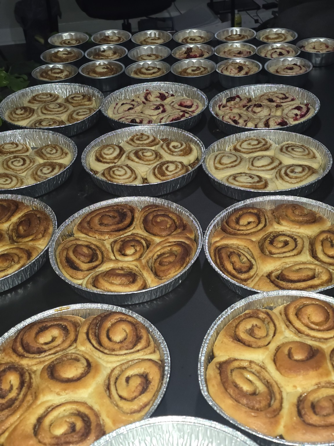 Rows of cinnamon rolls in pans, freshly baked and cooling