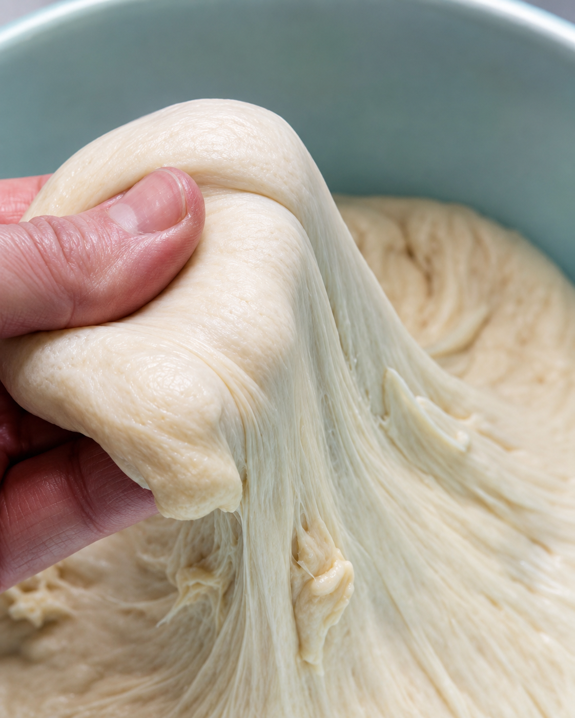 Hands stretching soft dough to reveal its silky texture