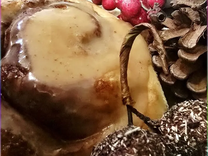 A glazed cinnamon roll surrounded by berries, pinecones and autumn decorations.